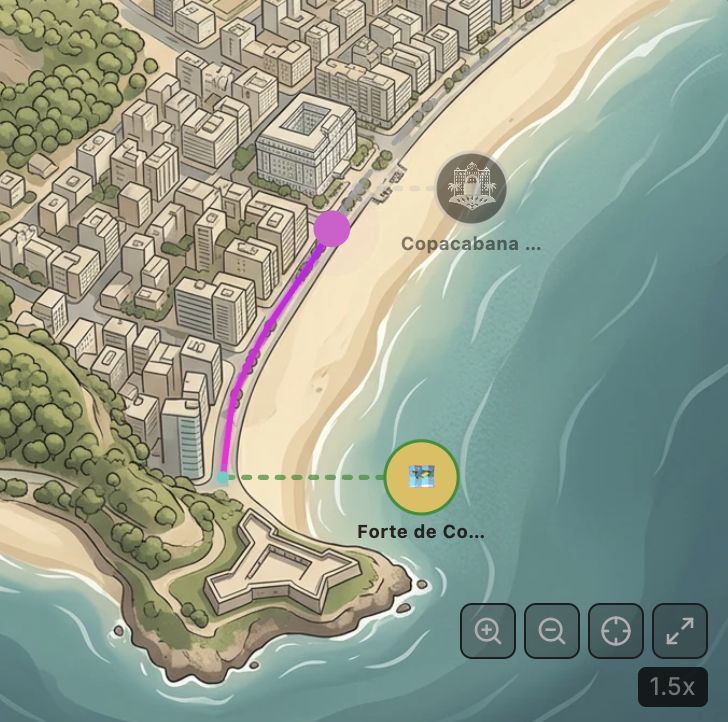 Mapa ilustrado de Copacabana com rota até o Forte